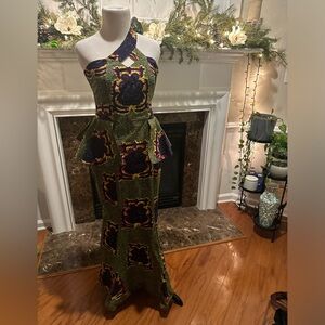 Handmade African Cotton Fabric Green Gold Pink & Purple Patterned Gown (petite)